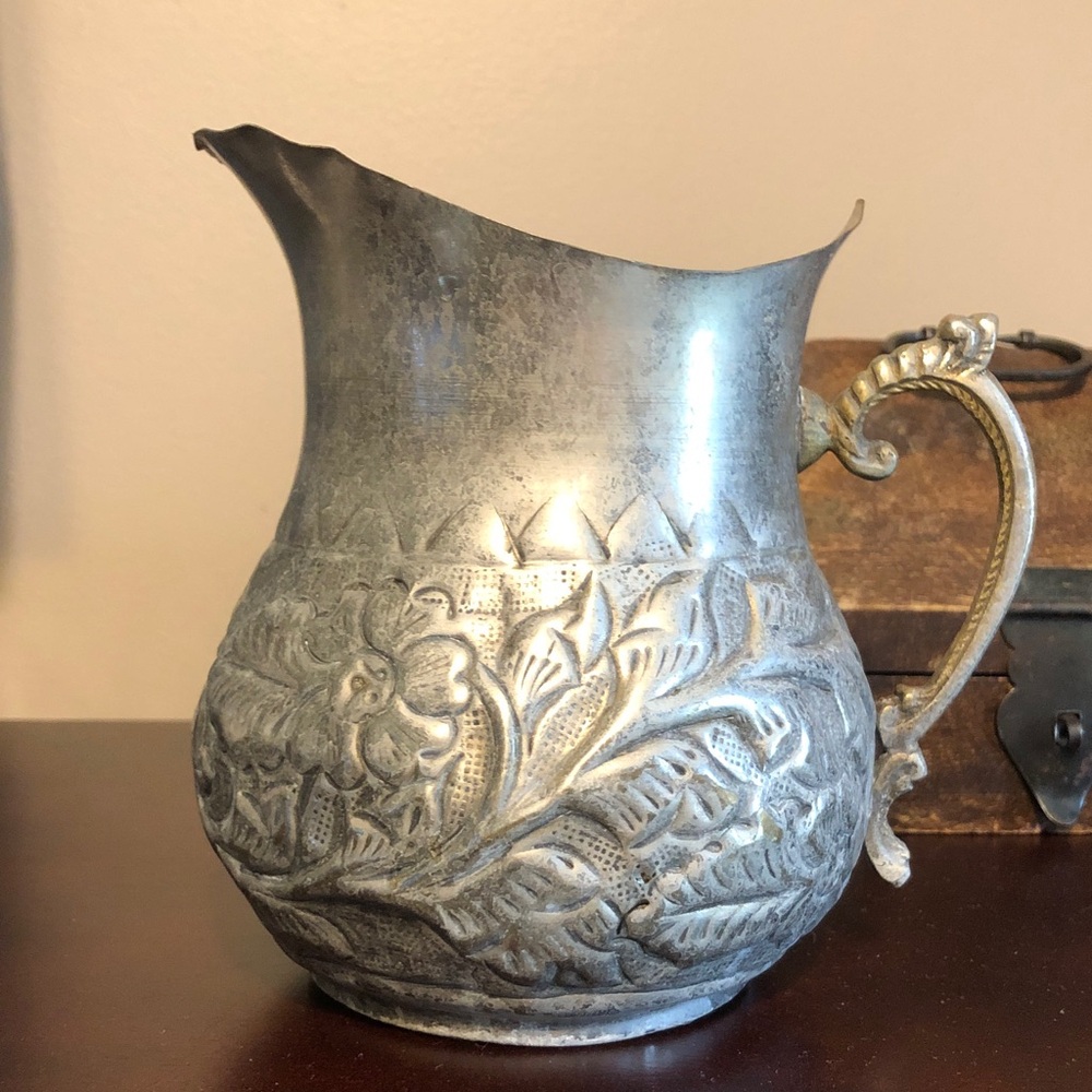 Vintage Ornate Repousse Silver Metal Pitcher